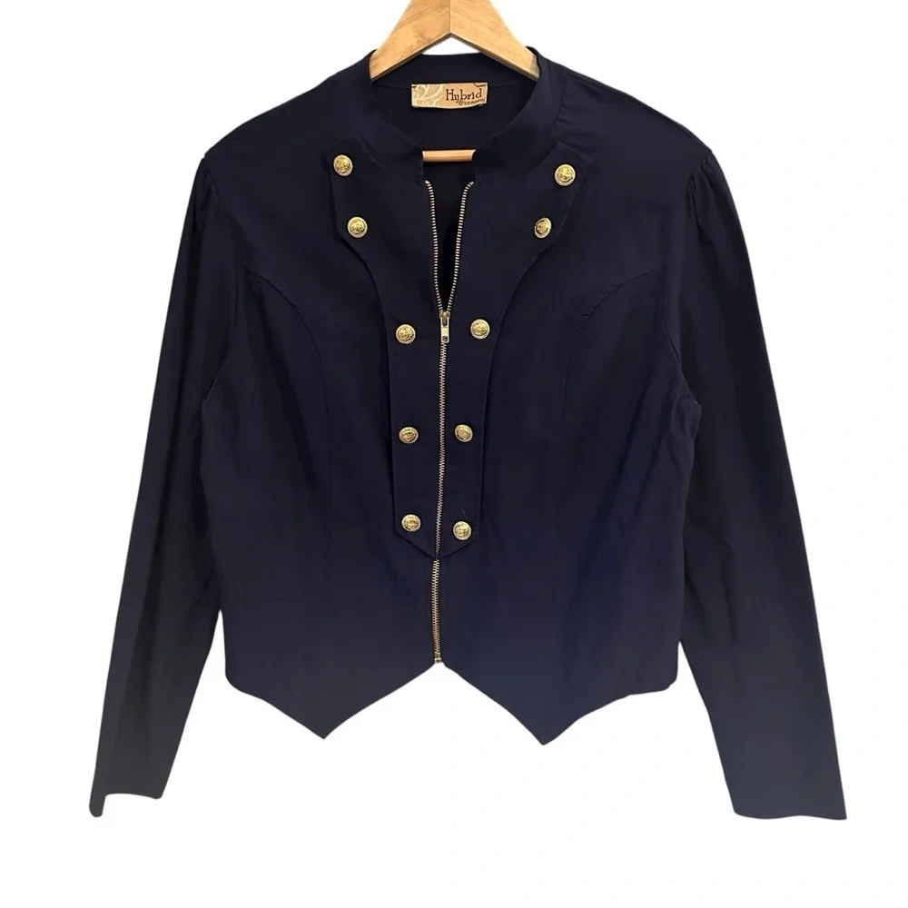 Hybrid & Company Super Stretch Navy Military Crop Blazer with Gold Accents, 1X